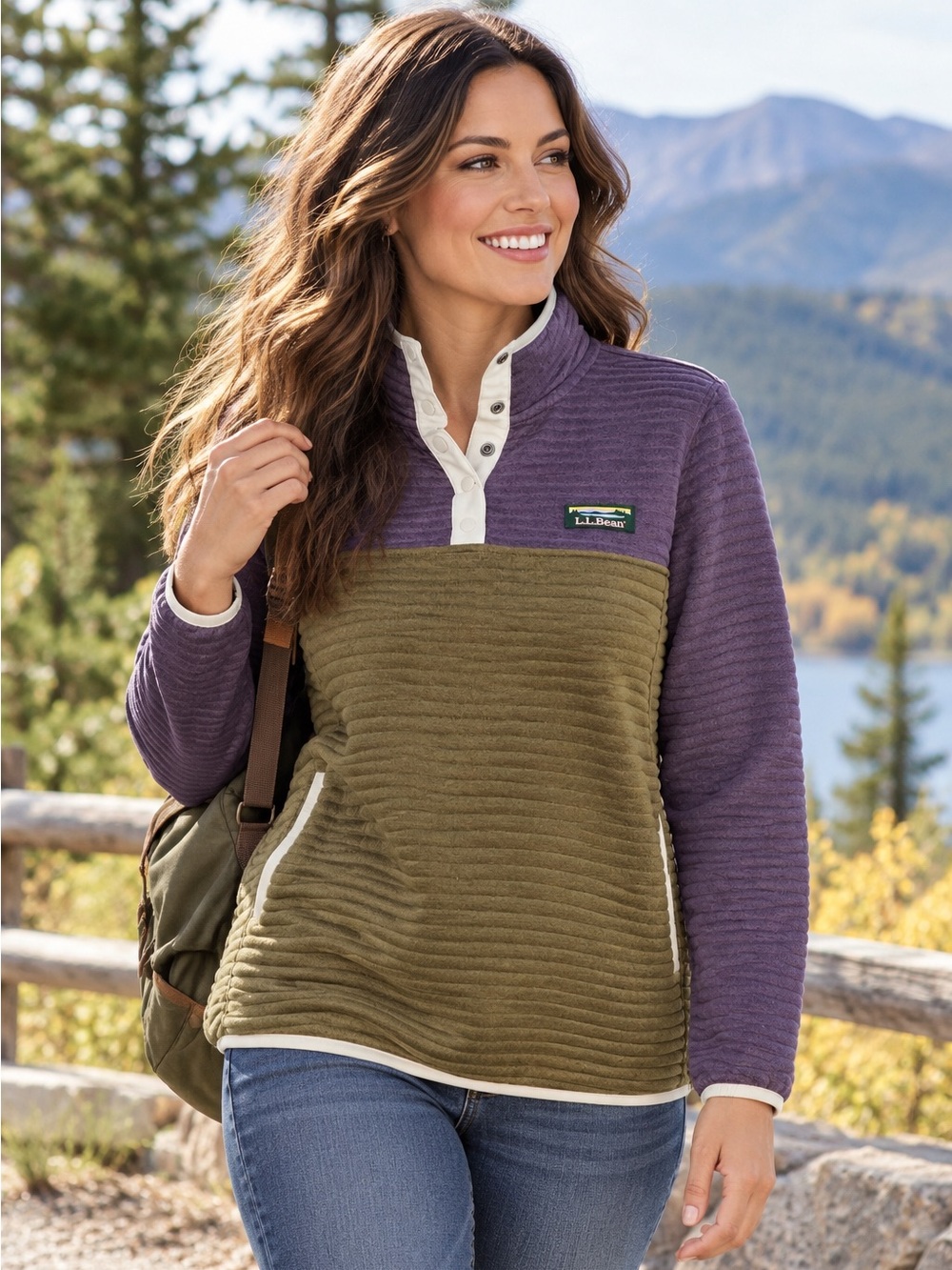 L.L. Bean Women's Quilted Two-Tone Half-Zip Pullover in Purple & Olive M